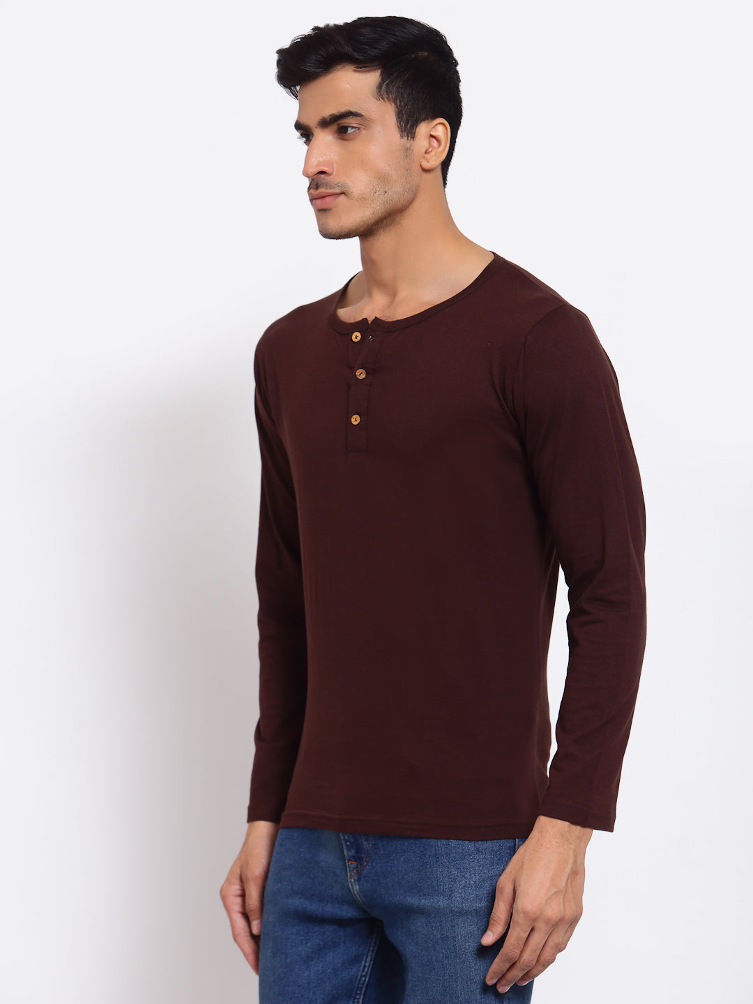 Plain Brown Henley Full Sleeves T-Shirt