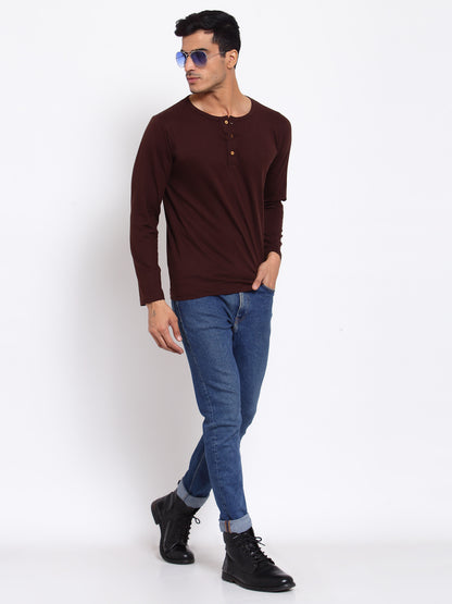 Plain Brown Henley Full Sleeves T-Shirt