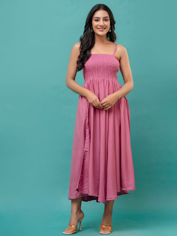 Women’s Sleeveless Rayon Dress with Smocked Shirred Bodice | Calf-Length Flared Skirt | Trendy Solid Colors