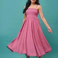 Women’s Sleeveless Rayon Dress with Smocked Shirred Bodice | Calf-Length Flared Skirt | Trendy Solid Colors