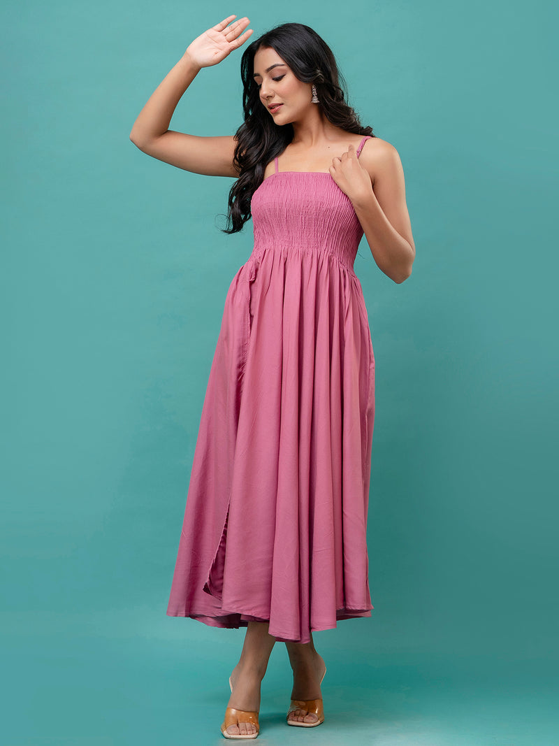 Women’s Sleeveless Rayon Dress with Smocked Shirred Bodice | Calf-Length Flared Skirt | Trendy Solid Colors