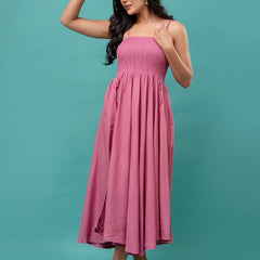 Women’s Sleeveless Rayon Dress with Smocked Shirred Bodice | Calf-Length Flared Skirt | Trendy Solid Colors