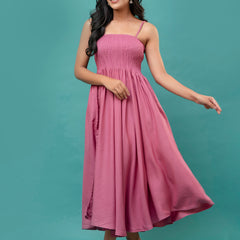 Women’s Sleeveless Rayon Dress with Smocked Shirred Bodice | Calf-Length Flared Skirt | Trendy Solid Colors