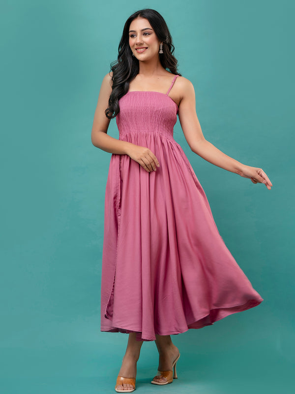 Women’s Sleeveless Rayon Dress with Smocked Shirred Bodice | Calf-Length Flared Skirt | Trendy Solid Colors