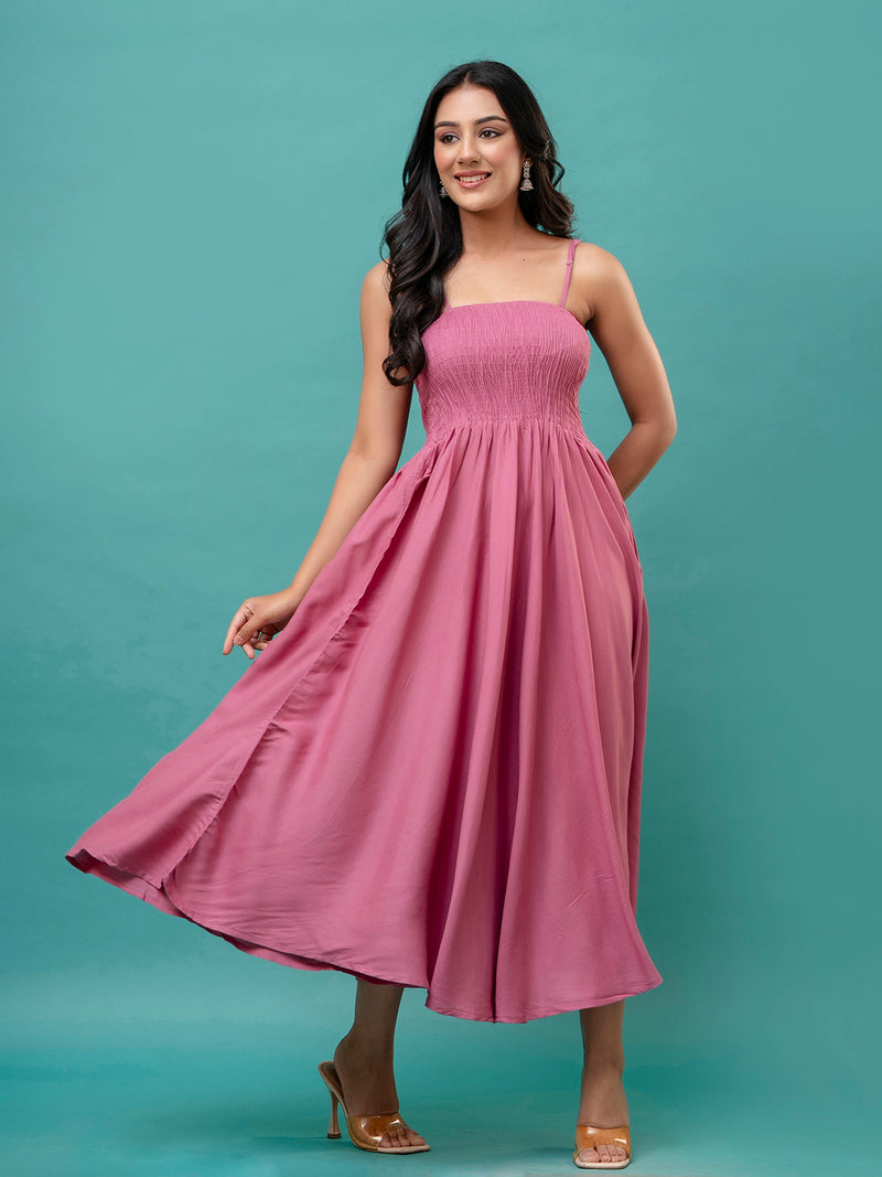 Women’s Sleeveless Rayon Dress with Smocked Shirred Bodice | Calf-Length Flared Skirt | Trendy Solid Colors