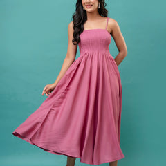 Women’s Sleeveless Rayon Dress with Smocked Shirred Bodice | Calf-Length Flared Skirt | Trendy Solid Colors