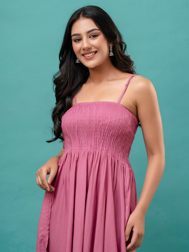 Women’s Sleeveless Rayon Dress with Smocked Shirred Bodice | Calf-Length Flared Skirt | Trendy Solid Colors