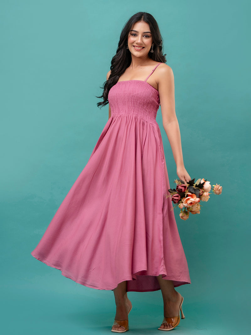 Women’s Sleeveless Rayon Dress with Smocked Shirred Bodice | Calf-Length Flared Skirt | Trendy Solid Colors