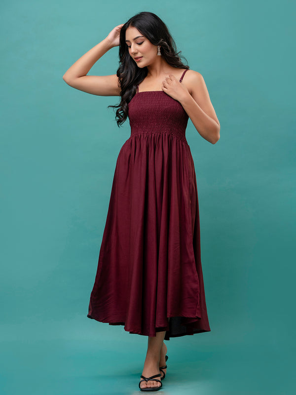 Women’s Sleeveless Rayon Dress with Smocked Shirred Bodice | Calf-Length Flared Skirt | Trendy Solid Colors