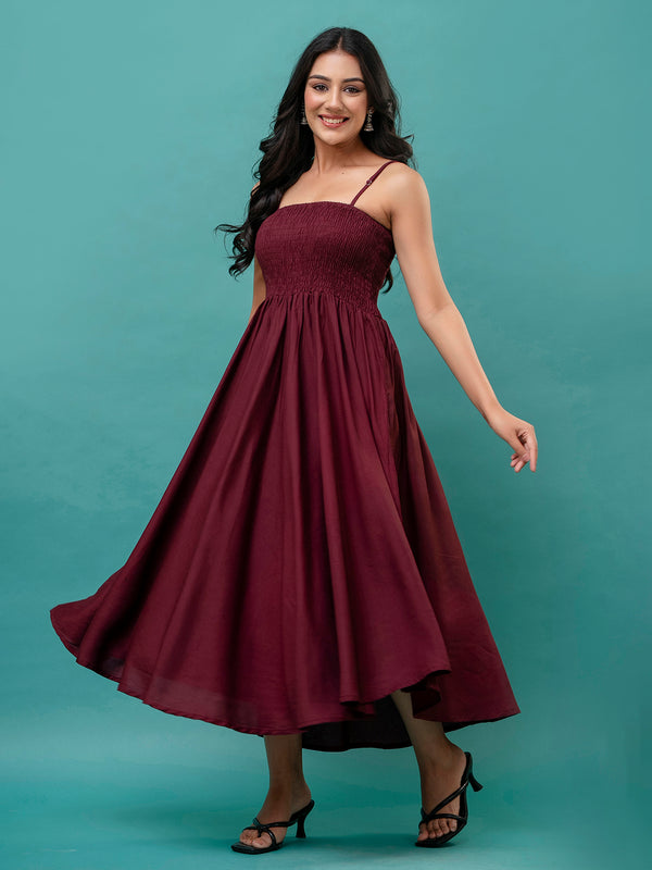 Women’s Sleeveless Rayon Dress with Smocked Shirred Bodice | Calf-Length Flared Skirt | Trendy Solid Colors