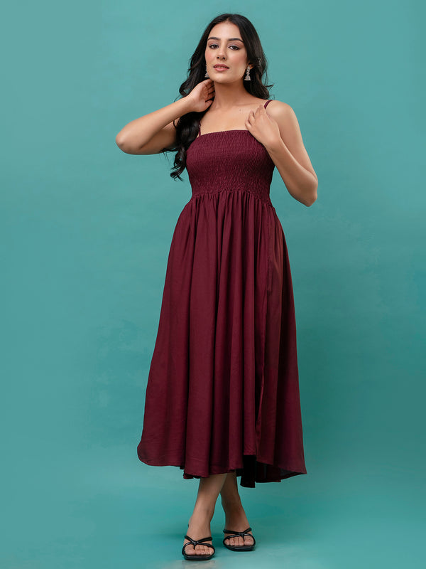 Women’s Sleeveless Rayon Dress with Smocked Shirred Bodice | Calf-Length Flared Skirt | Trendy Solid Colors