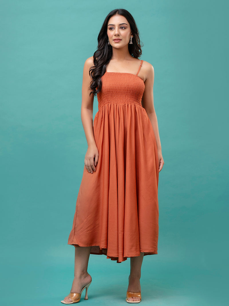 Women’s Sleeveless Rayon Dress with Smocked Shirred Bodice | Calf-Length Flared Skirt | Trendy Solid Colors