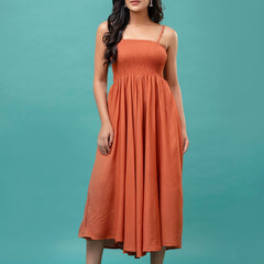 Women’s Sleeveless Rayon Dress with Smocked Shirred Bodice | Calf-Length Flared Skirt | Trendy Solid Colors