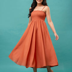 Women’s Sleeveless Rayon Dress with Smocked Shirred Bodice | Calf-Length Flared Skirt | Trendy Solid Colors