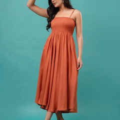 Women’s Sleeveless Rayon Dress with Smocked Shirred Bodice | Calf-Length Flared Skirt | Trendy Solid Colors