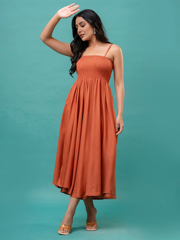 Women’s Sleeveless Rayon Dress with Smocked Shirred Bodice | Calf-Length Flared Skirt | Trendy Solid Colors