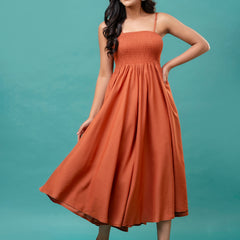 Women’s Sleeveless Rayon Dress with Smocked Shirred Bodice | Calf-Length Flared Skirt | Trendy Solid Colors