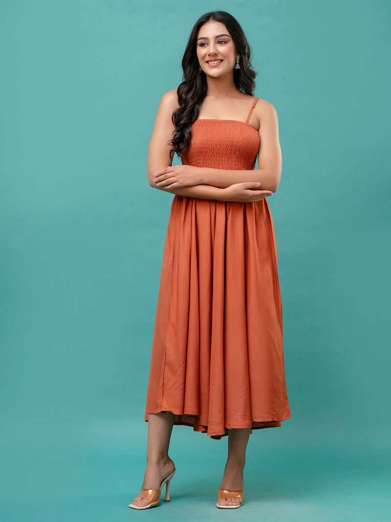 Women’s Sleeveless Rayon Dress with Smocked Shirred Bodice | Calf-Length Flared Skirt | Trendy Solid Colors