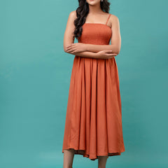 Women’s Sleeveless Rayon Dress with Smocked Shirred Bodice | Calf-Length Flared Skirt | Trendy Solid Colors