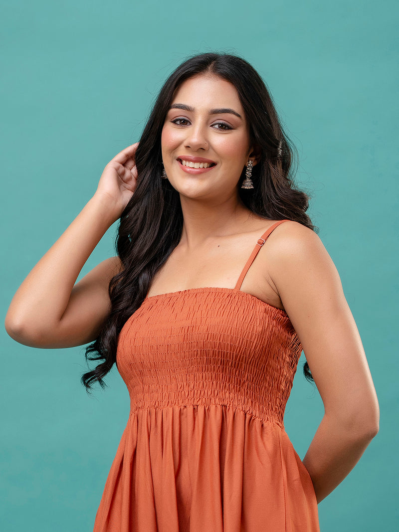 Women’s Sleeveless Rayon Dress with Smocked Shirred Bodice | Calf-Length Flared Skirt | Trendy Solid Colors