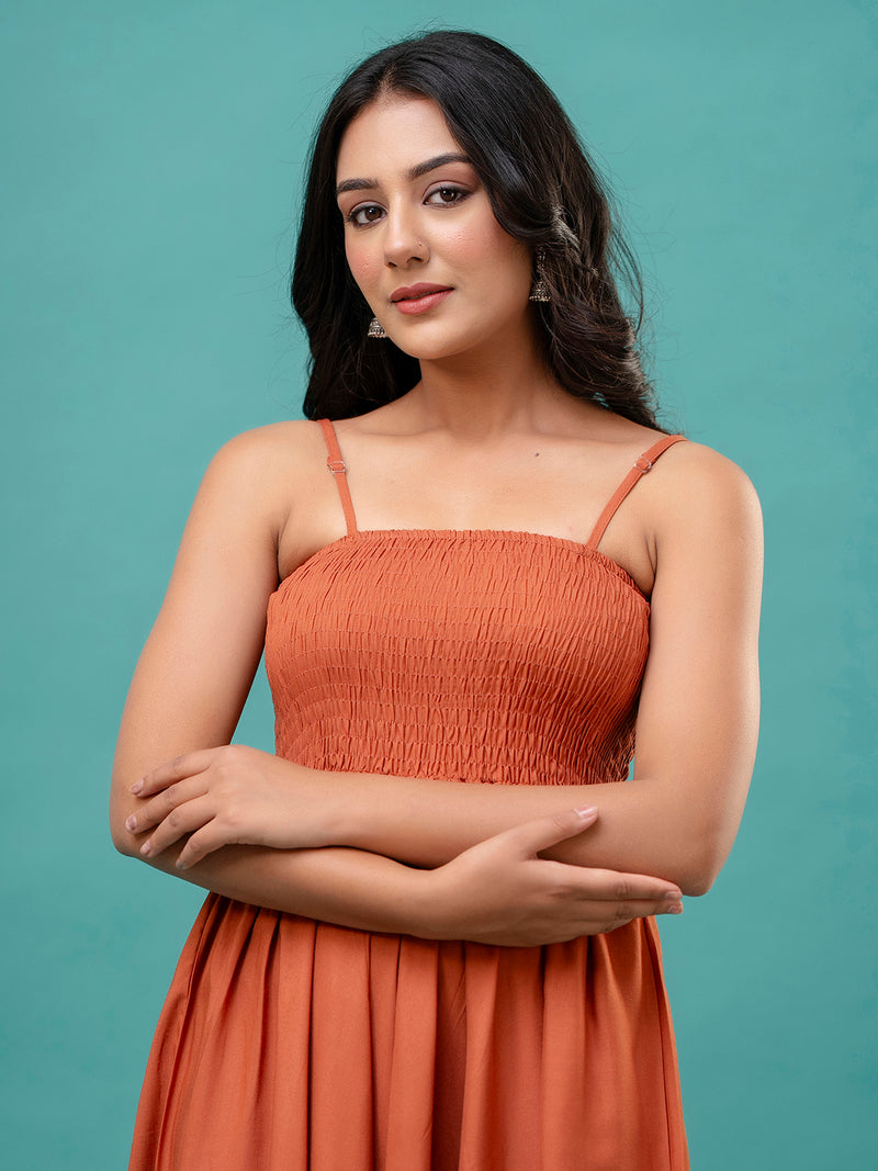 Women’s Sleeveless Rayon Dress with Smocked Shirred Bodice | Calf-Length Flared Skirt | Trendy Solid Colors