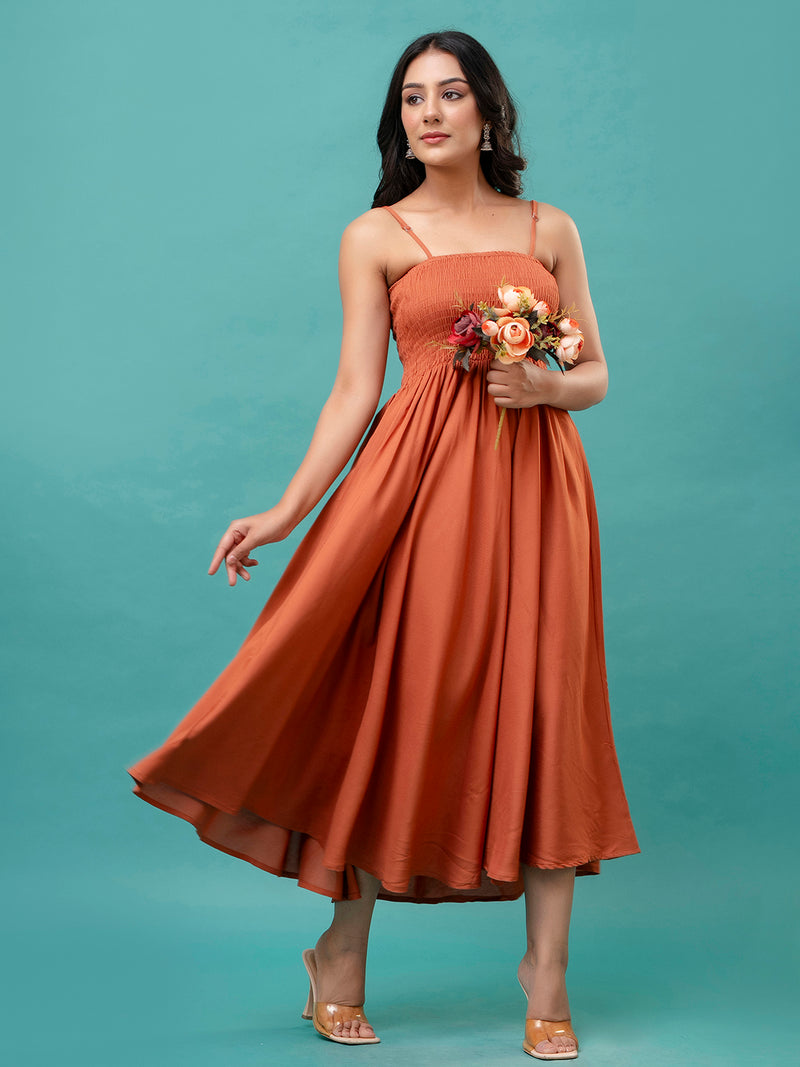 Women’s Sleeveless Rayon Dress with Smocked Shirred Bodice | Calf-Length Flared Skirt | Trendy Solid Colors