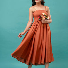 Women’s Sleeveless Rayon Dress with Smocked Shirred Bodice | Calf-Length Flared Skirt | Trendy Solid Colors