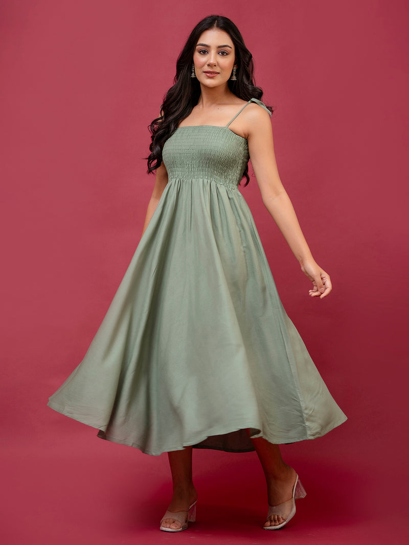 Women’s Sleeveless Rayon Dress with Smocked Shirred Bodice | Calf-Length Flared Skirt | Trendy Solid Colors