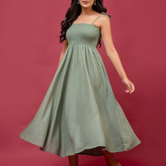 Women’s Sleeveless Rayon Dress with Smocked Shirred Bodice | Calf-Length Flared Skirt | Trendy Solid Colors