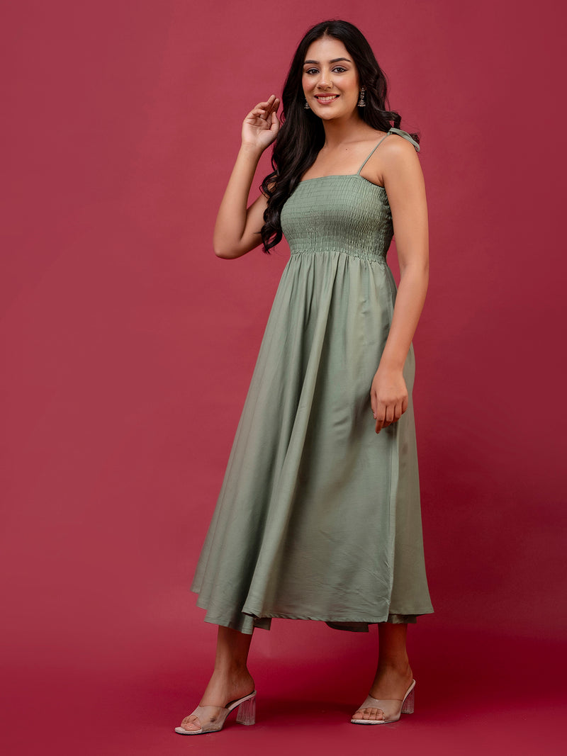 Women’s Sleeveless Rayon Dress with Smocked Shirred Bodice | Calf-Length Flared Skirt | Trendy Solid Colors