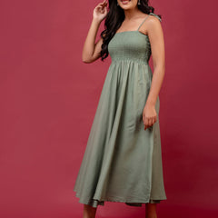 Women’s Sleeveless Rayon Dress with Smocked Shirred Bodice | Calf-Length Flared Skirt | Trendy Solid Colors