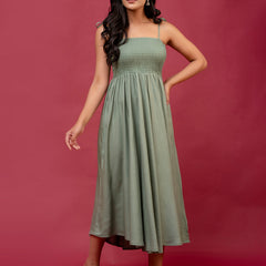 Women’s Sleeveless Rayon Dress with Smocked Shirred Bodice | Calf-Length Flared Skirt | Trendy Solid Colors