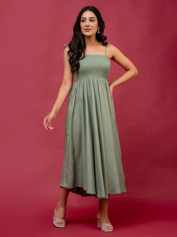 Women’s Sleeveless Rayon Dress with Smocked Shirred Bodice | Calf-Length Flared Skirt | Trendy Solid Colors