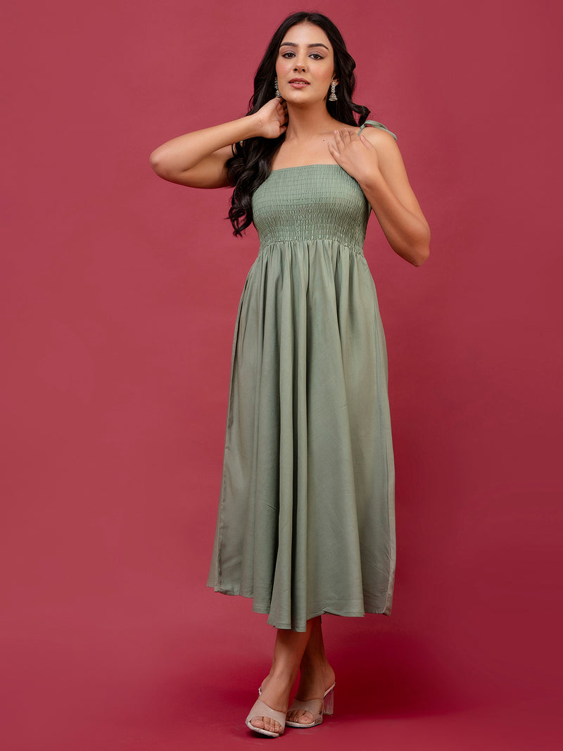 Women’s Sleeveless Rayon Dress with Smocked Shirred Bodice | Calf-Length Flared Skirt | Trendy Solid Colors