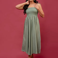 Women’s Sleeveless Rayon Dress with Smocked Shirred Bodice | Calf-Length Flared Skirt | Trendy Solid Colors