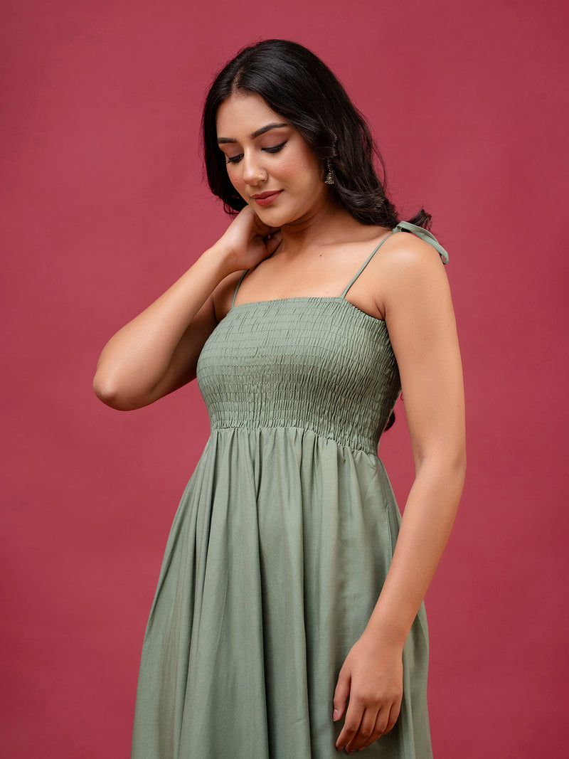 Women’s Sleeveless Rayon Dress with Smocked Shirred Bodice | Calf-Length Flared Skirt | Trendy Solid Colors