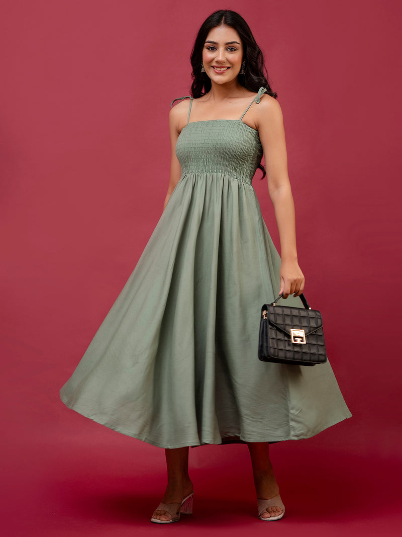 Women’s Sleeveless Rayon Dress with Smocked Shirred Bodice | Calf-Length Flared Skirt | Trendy Solid Colors