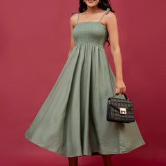 Women’s Sleeveless Rayon Dress with Smocked Shirred Bodice | Calf-Length Flared Skirt | Trendy Solid Colors