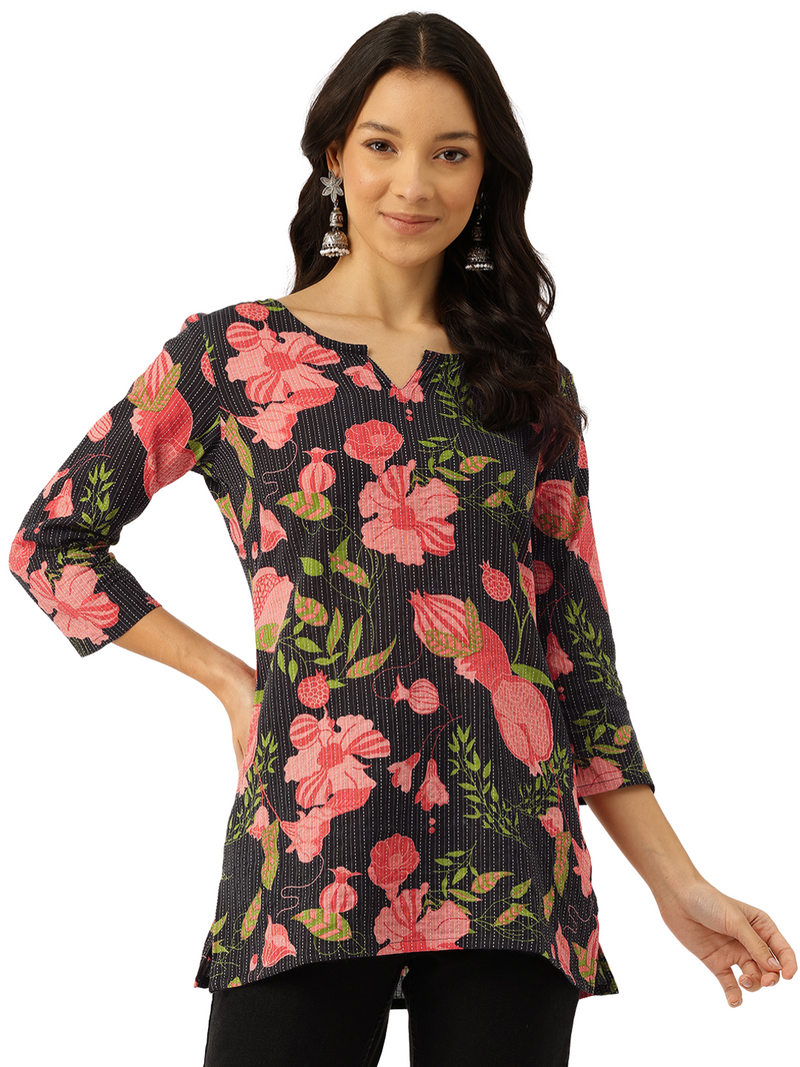 3/4 Sleeve Round Neck Vcut top Black2 Colour