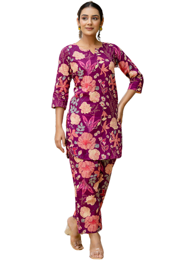 Purple Breezy Printed Cotton Co-Ord Set for Comfortable All-Day Wear