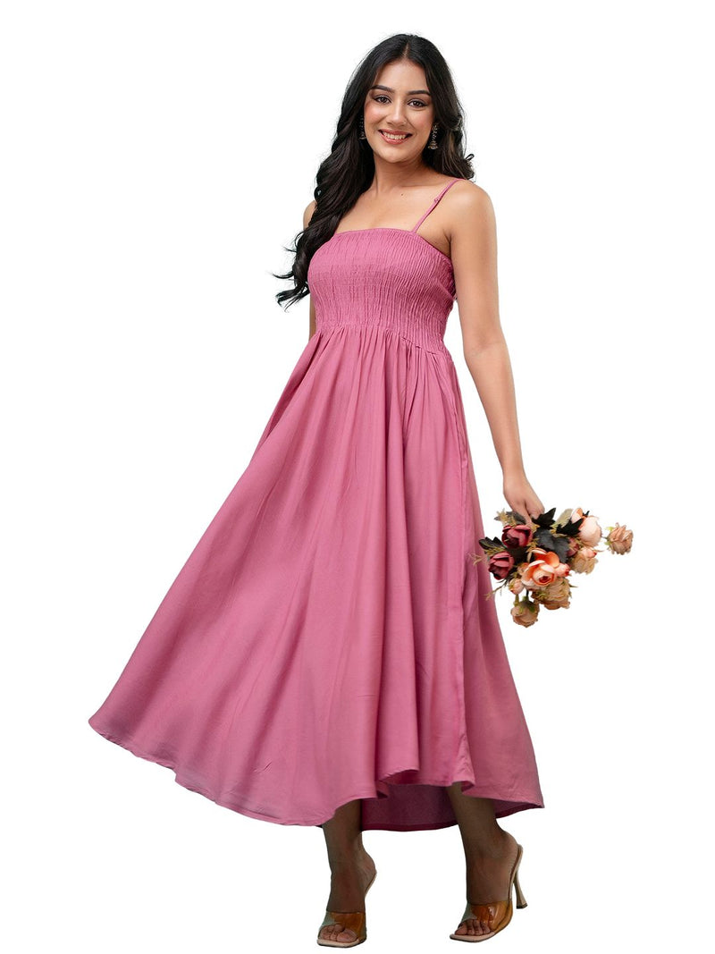 Women’s Sleeveless Rayon Dress with Smocked Shirred Bodice | Calf-Length Flared Skirt | Trendy Solid Colors