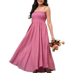 Women’s Sleeveless Rayon Dress with Smocked Shirred Bodice | Calf-Length Flared Skirt | Trendy Solid Colors