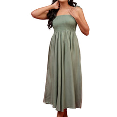 Women’s Sleeveless Rayon Dress with Smocked Shirred Bodice | Calf-Length Flared Skirt | Trendy Solid Colors