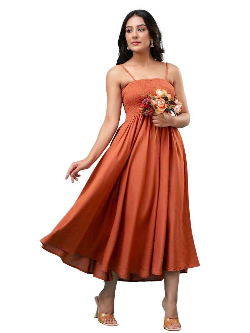 Women’s Sleeveless Rayon Dress with Smocked Shirred Bodice | Calf-Length Flared Skirt | Trendy Solid Colors