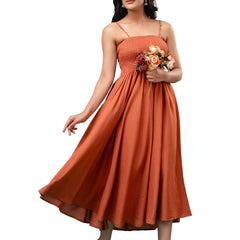 Women’s Sleeveless Rayon Dress with Smocked Shirred Bodice | Calf-Length Flared Skirt | Trendy Solid Colors