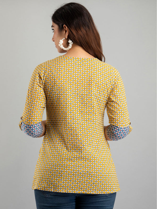 Women Yellow Cotton Printed A-Line Kurti