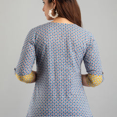 Women Blue Cotton Printed A-Line Kurti