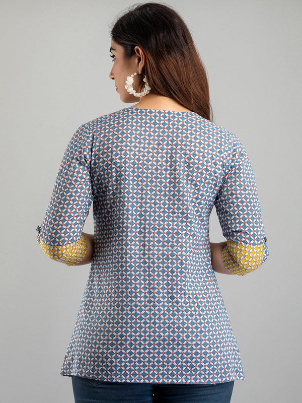 Women Blue Cotton Printed A-Line Kurti