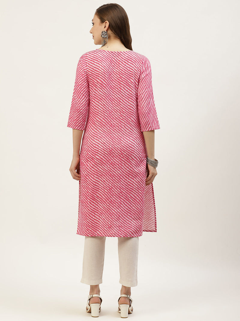 Women Pink Leheriya Yoke Design Cotton Kurti
