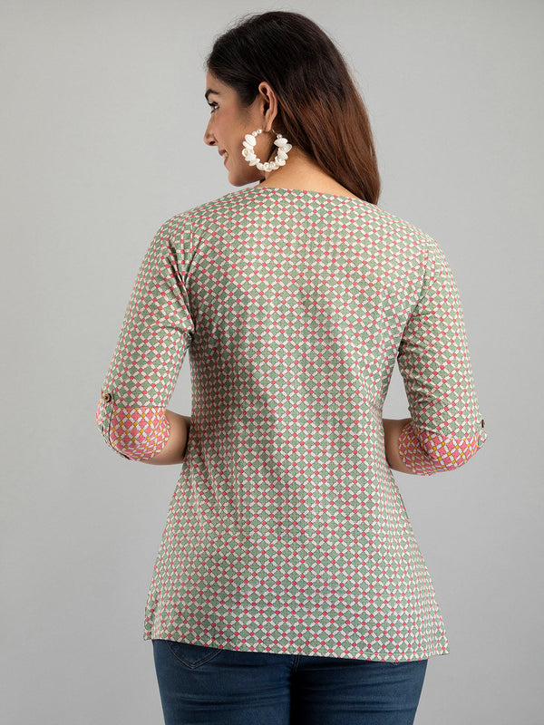 Women Green Cotton Printed A-Line Kurti